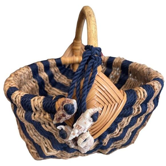 Coco Twigs/ Navy Rope Unique Basket With Shells 10” Diameter - Picture 1 of 7